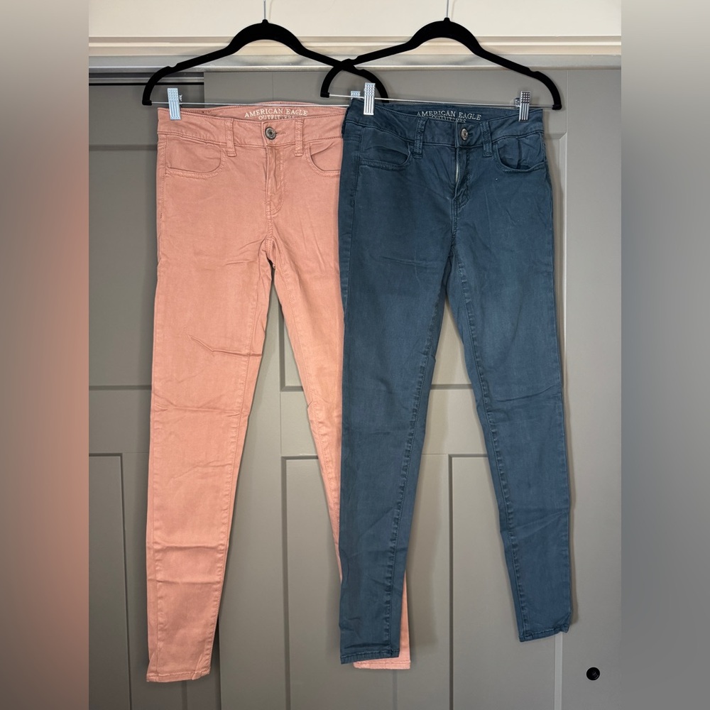 American Eagle Outfitters Coral and Teal Super Stretch Jeans